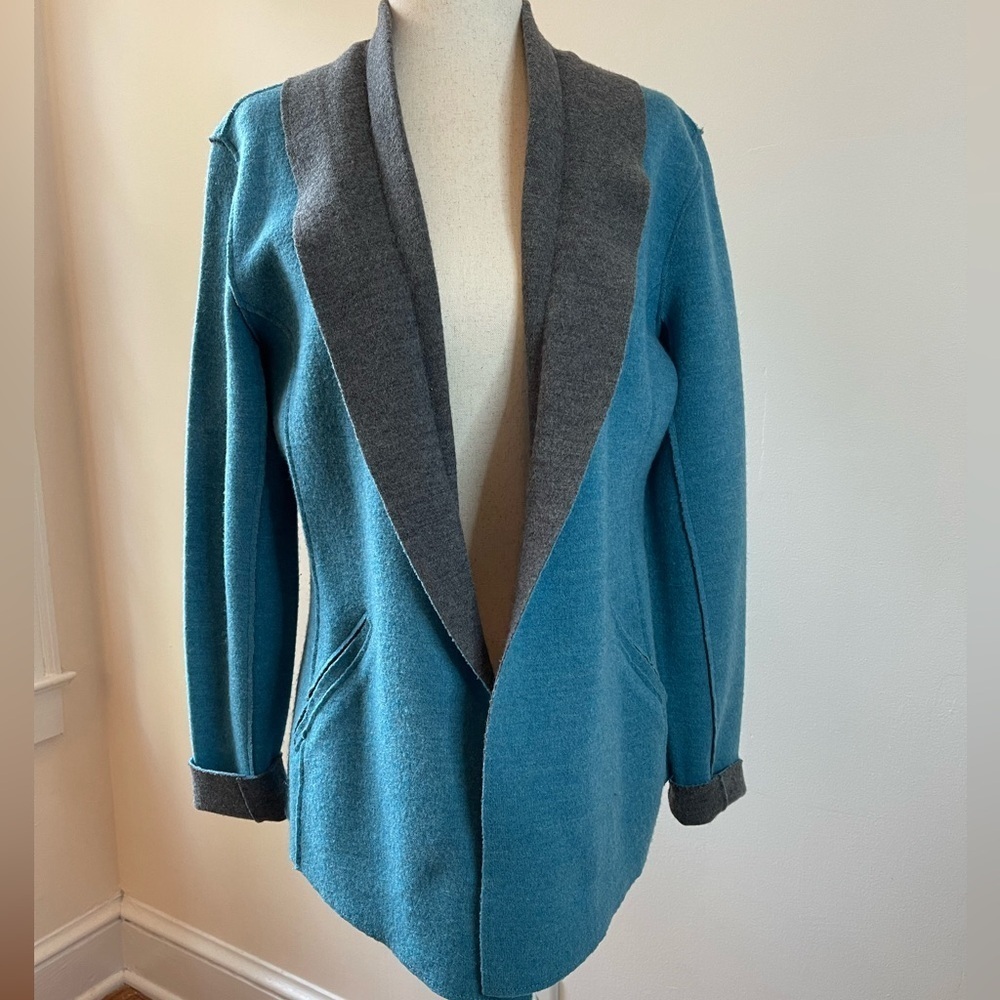 Eileen Fisher Merino Wool Open Front Cardigan Blue Gray Reversible Style XS